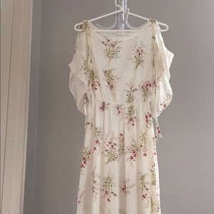Chiffon floral print slit sleeve dress round neck elegant cute adjustable waist